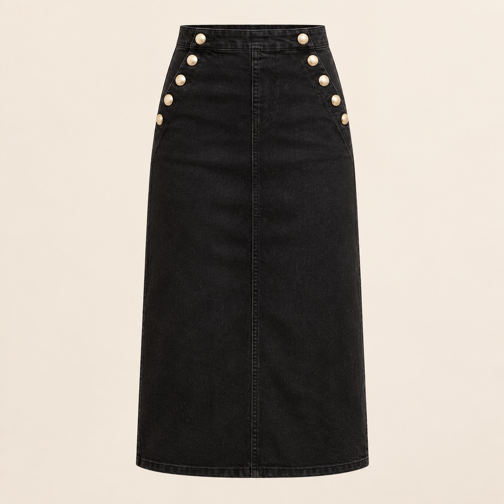 Jupe midi noire Capucine – Boutons dorés