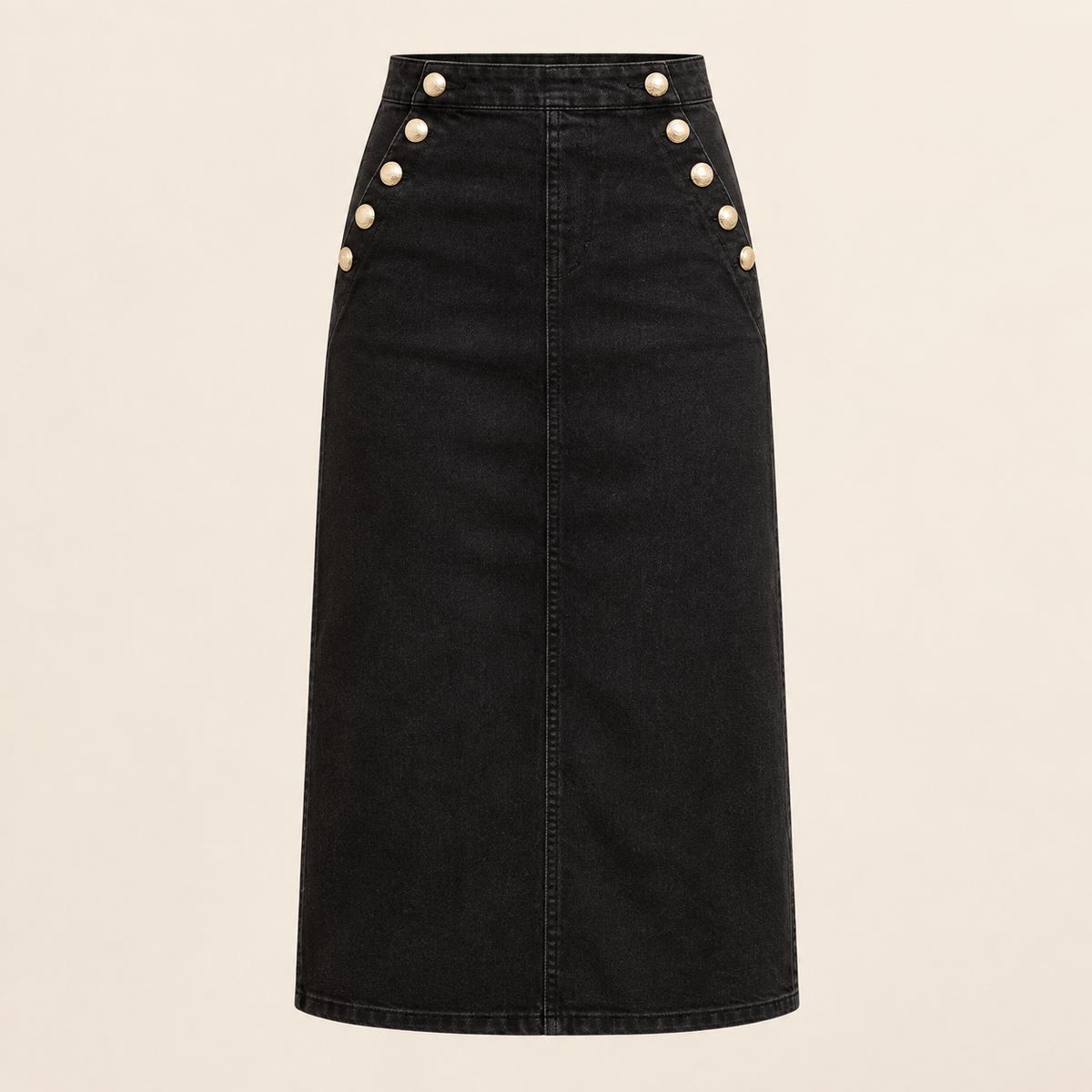 Jupe midi noire Capucine – Boutons dorés