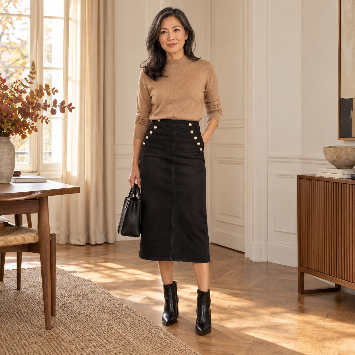 Jupe midi noire Capucine – Boutons dorés