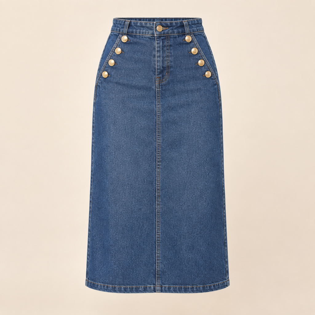 Jupe midi en jean Héloïse – Boutons dorés