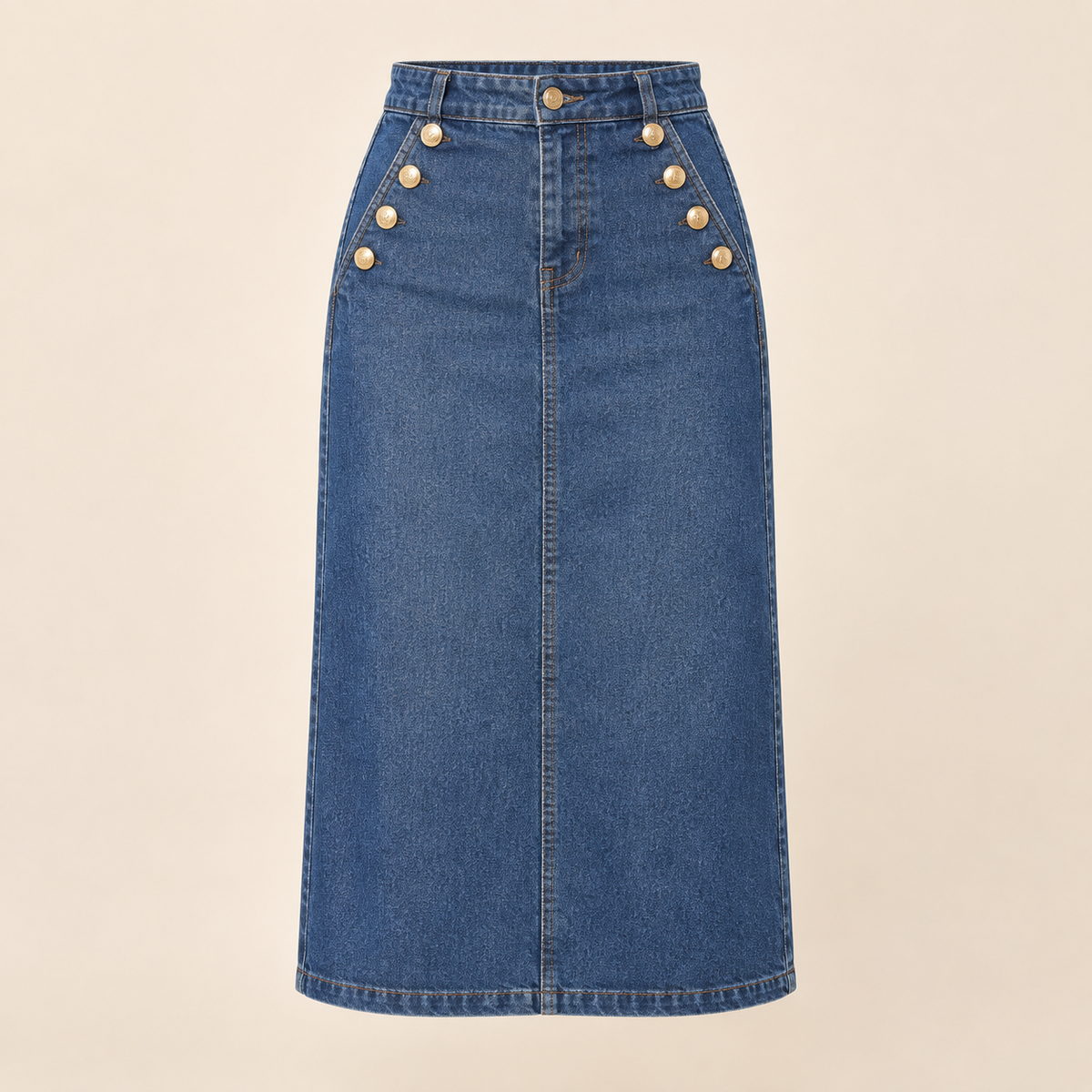 Jupe midi en jean Héloïse – Boutons dorés