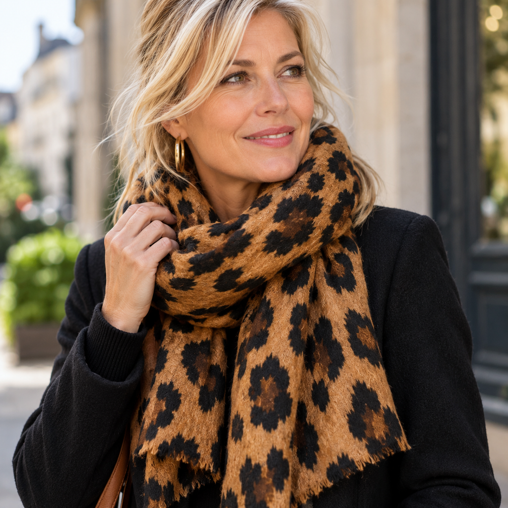 Écharpe Léopard "ALBA" – Camel & Noir